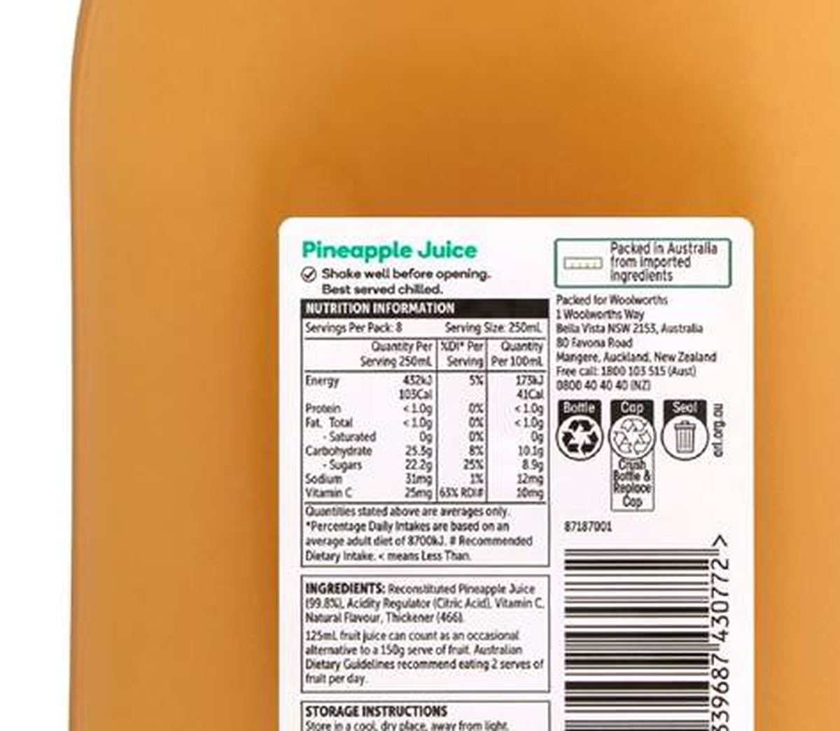 Pack photograph of Woolworths Pineapple Juice 2L showing the printed nutrition panel