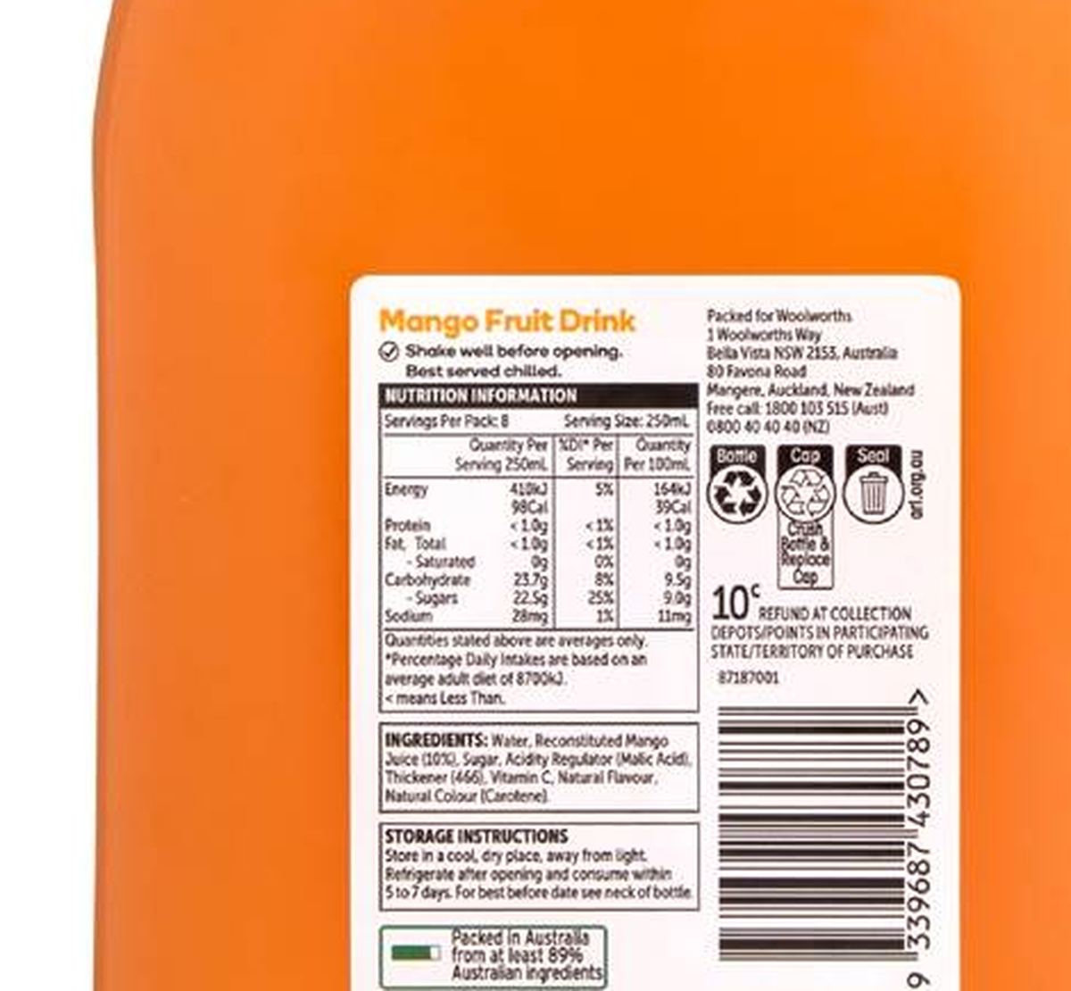 Pack photograph of Woolworths Mango Fruit Drink 2L showing the printed nutrition panel
