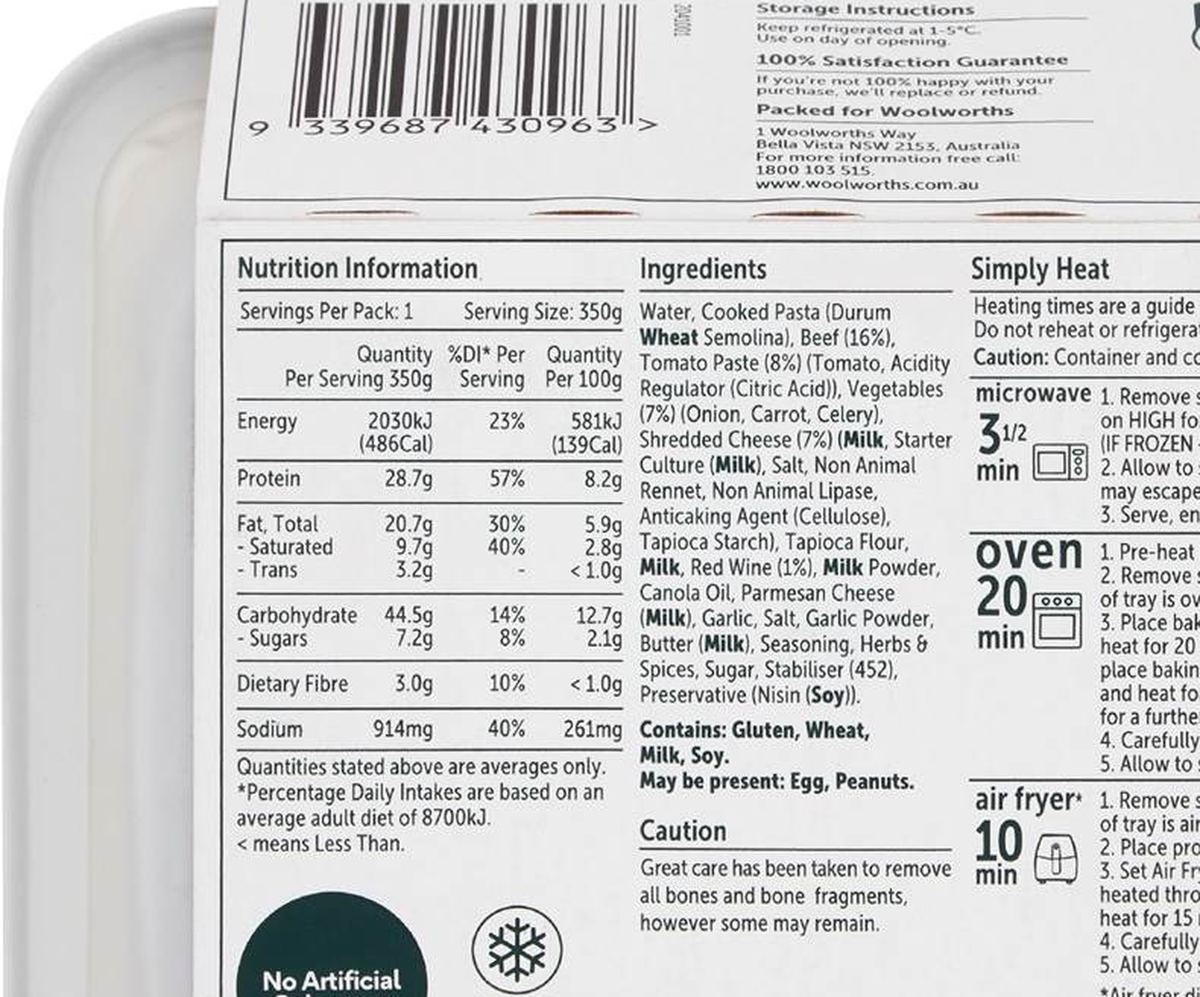 Pack photograph of Woolworths Beef Lasagne 350g showing the printed nutrition panel