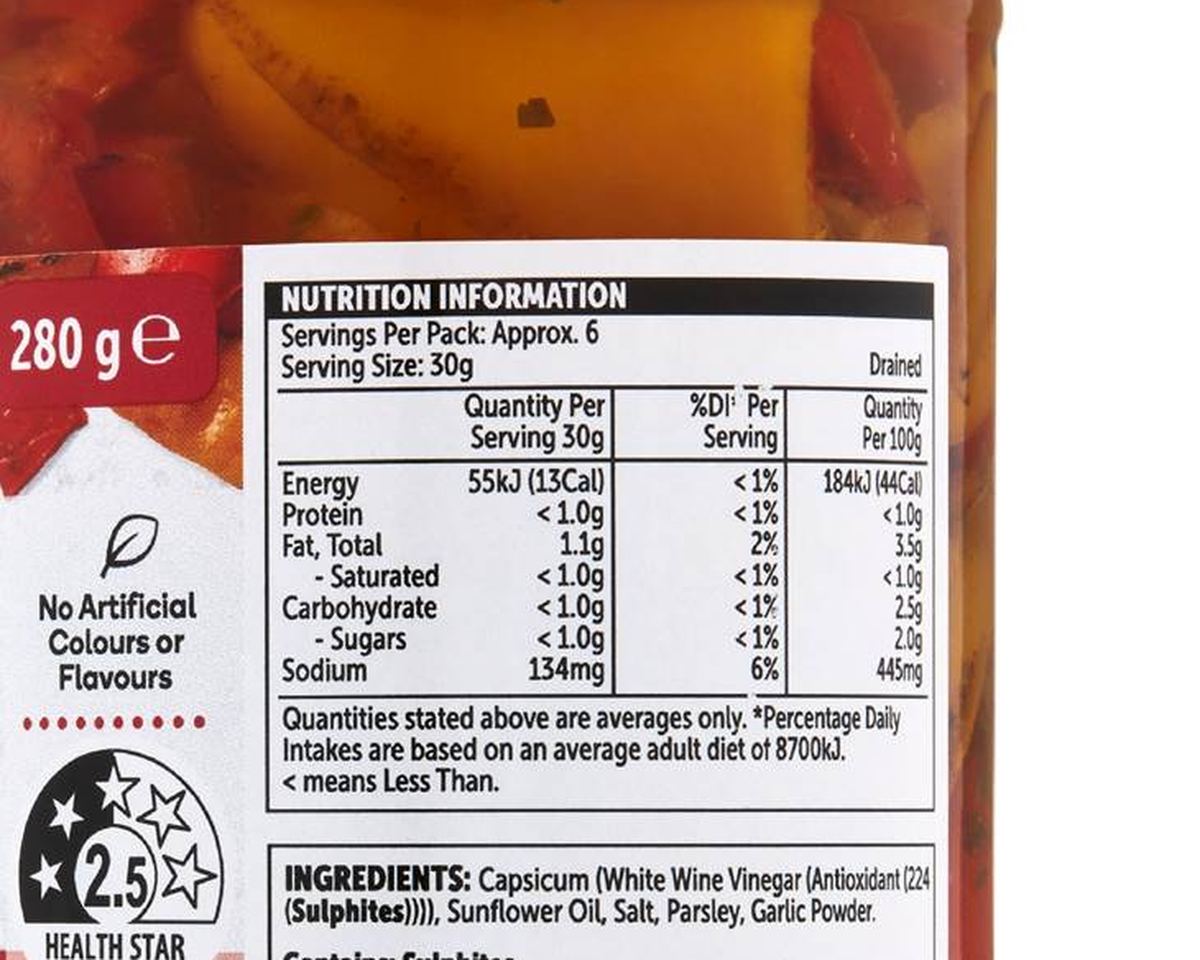 Pack photograph of Woolworths Chargrilled Capsicum 280g showing the printed nutrition panel