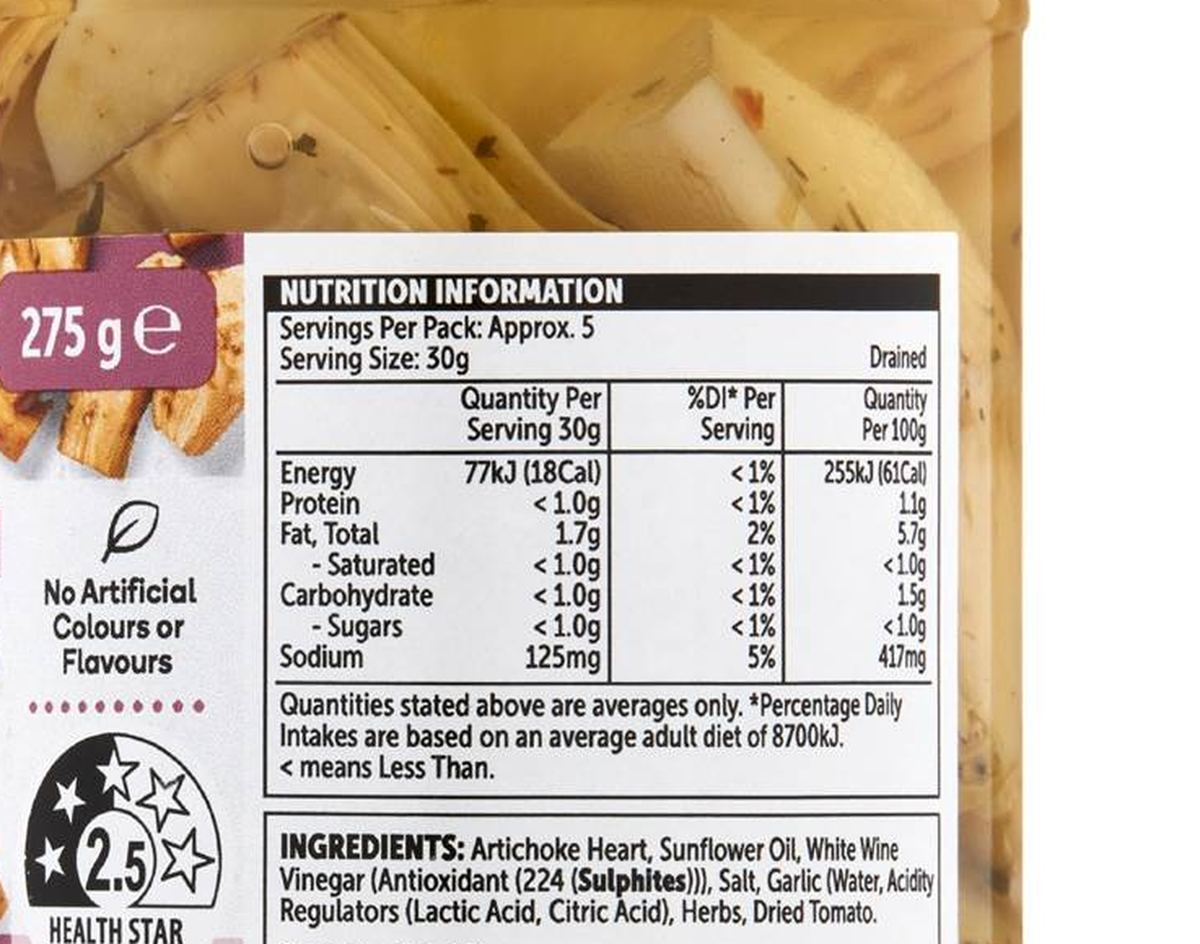 Pack photograph of Woolworths Marinated Artichokes 275g showing the printed nutrition panel