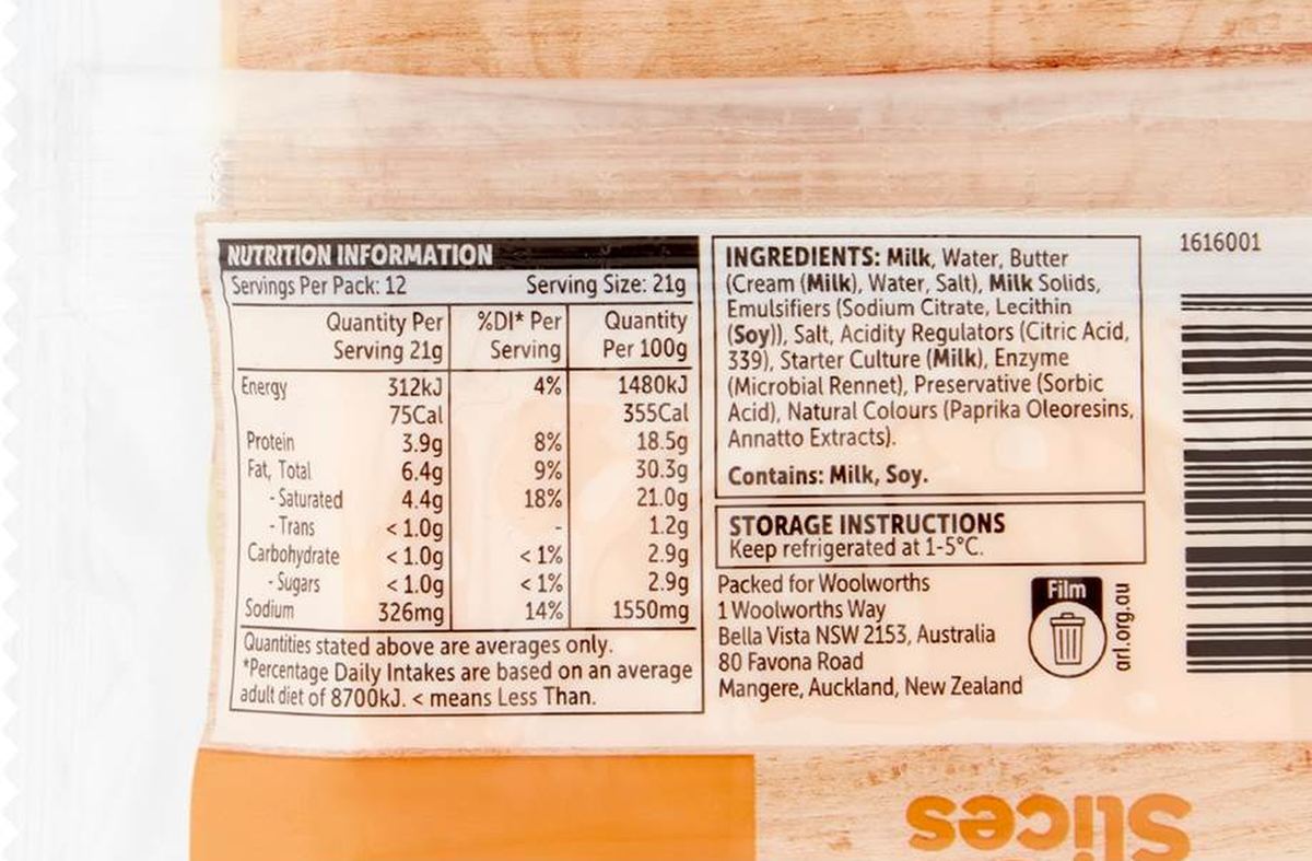 Pack photograph of Woolworths Cheese Burger Slices 250g showing the printed nutrition panel