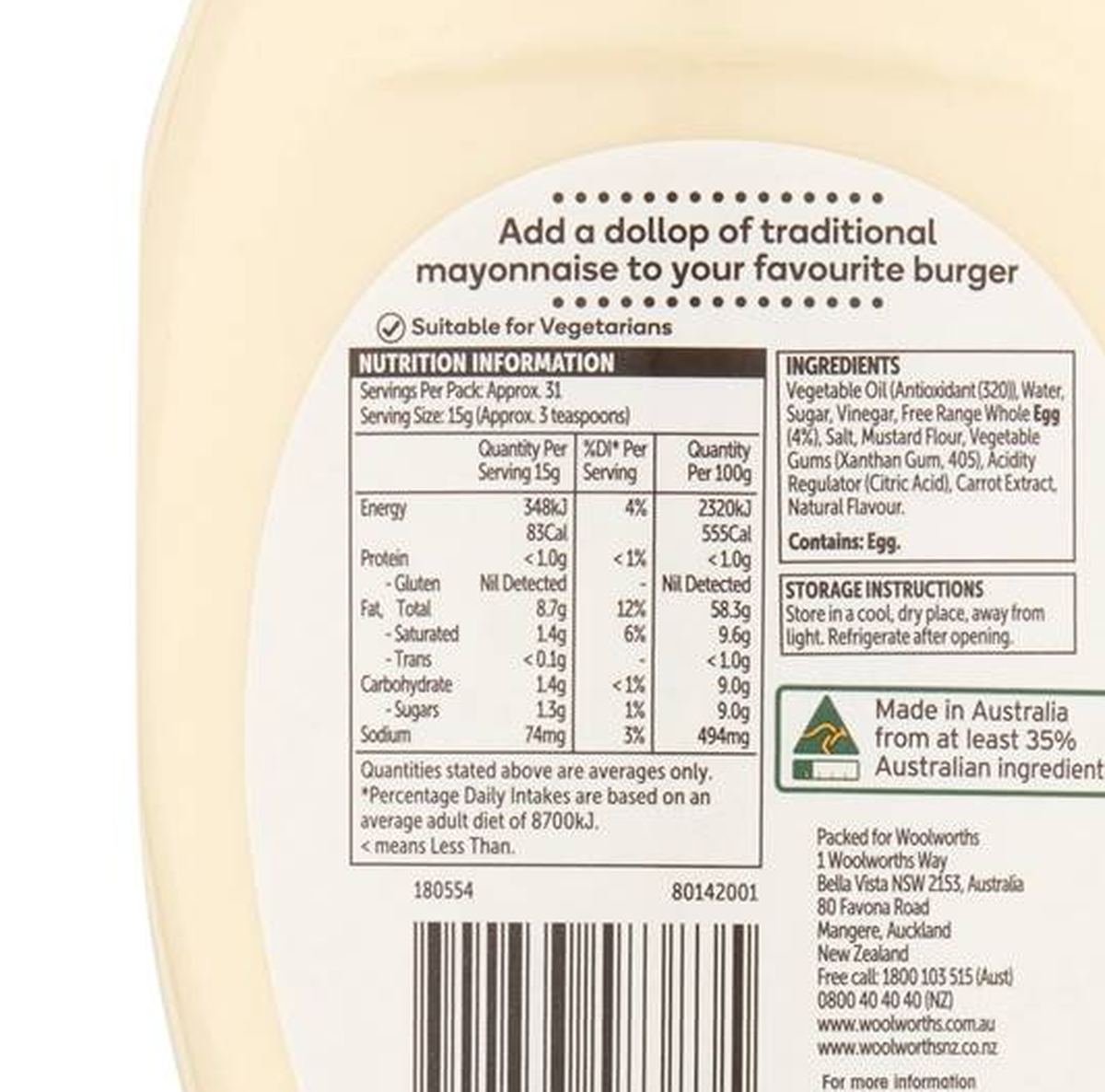 Pack photograph of Woolworths Traditional Mayonnaise 470g showing the printed nutrition panel