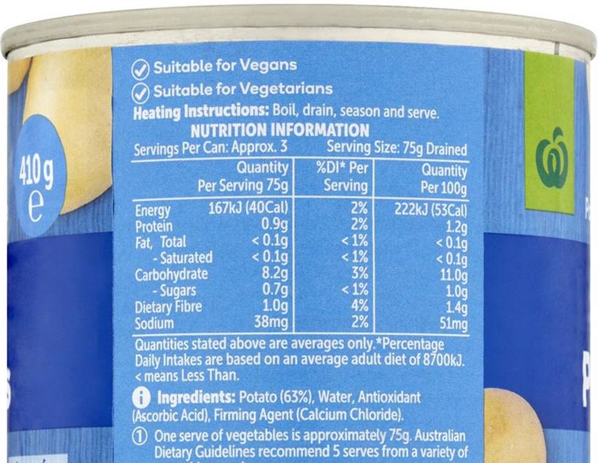 Pack photograph of Woolworths Potato Whole 410g showing the printed nutrition panel