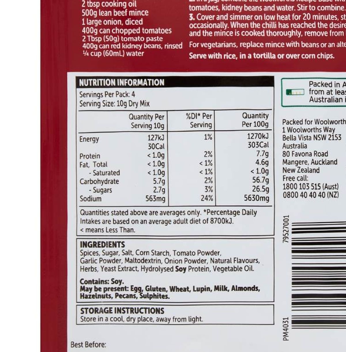 Pack photograph of Woolworths Recipe Base Chilli Con Carne 40g showing the printed nutrition panel