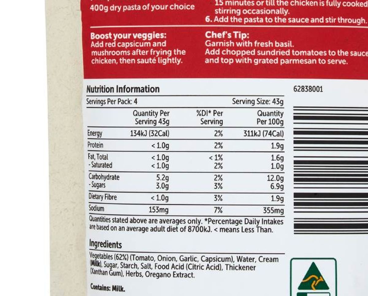Pack photograph of Woolworths Recipe Base Marry Me Chicken Pasta 175g showing the printed nutrition panel