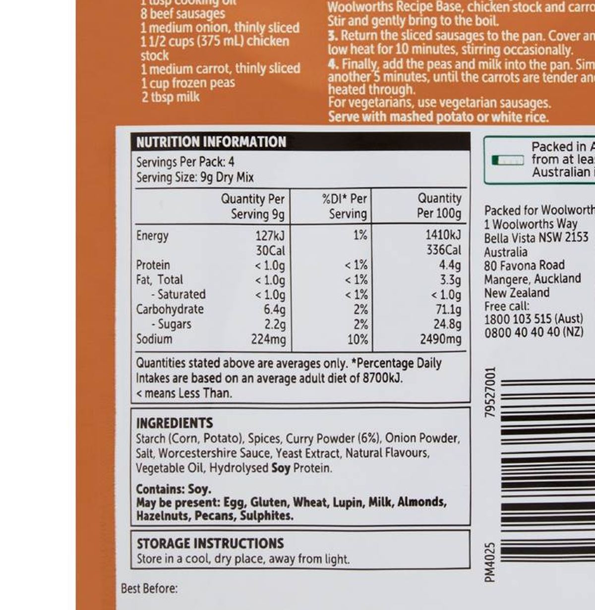 Pack photograph of Woolworths Recipe Base Curried Sausages 35g showing the printed nutrition panel