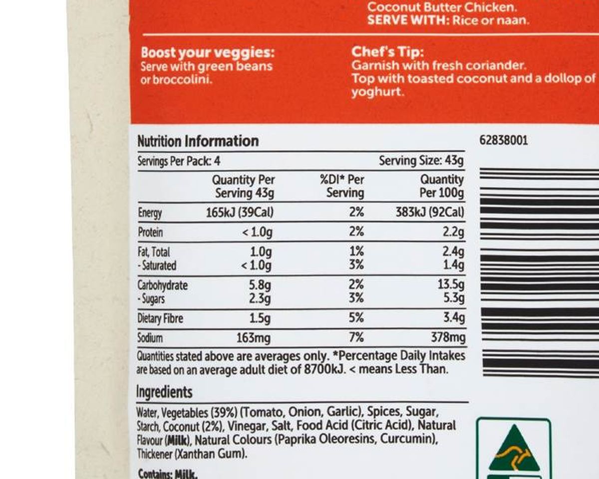 Pack photograph of Woolworths Recipe Base Coconut Butter Chicken 175g showing the printed nutrition panel