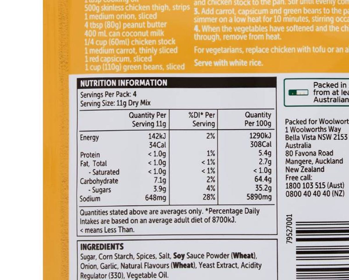 Pack photograph of Woolworths Recipe Base Satay Chicken 45g showing the printed nutrition panel