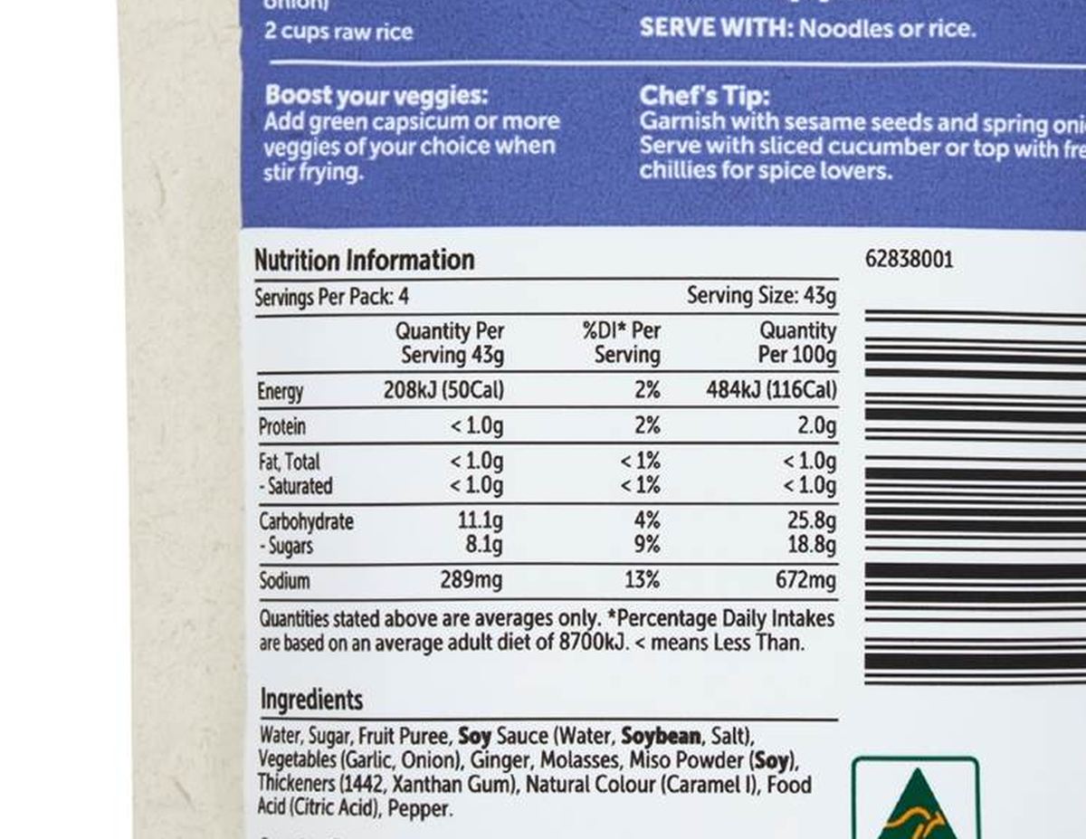 Pack photograph of Woolworths Recipe Base Korean Bulgogi Beef 175g showing the printed nutrition panel