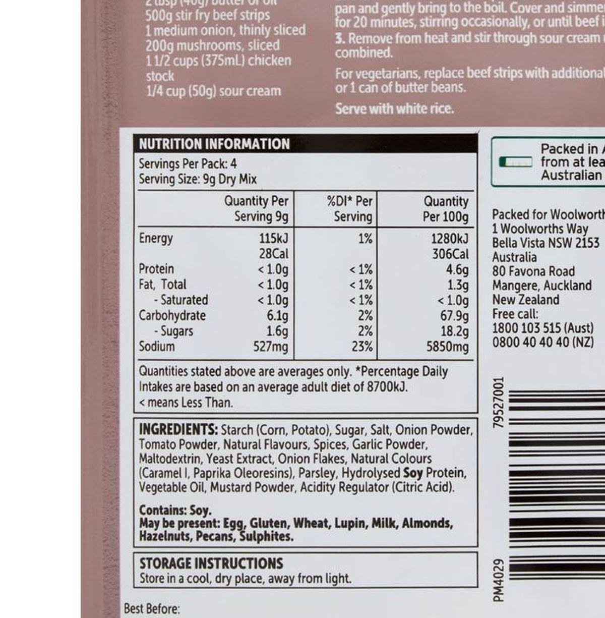 Pack photograph of Woolworths Recipe Base Beef Stroganoff 35g showing the printed nutrition panel