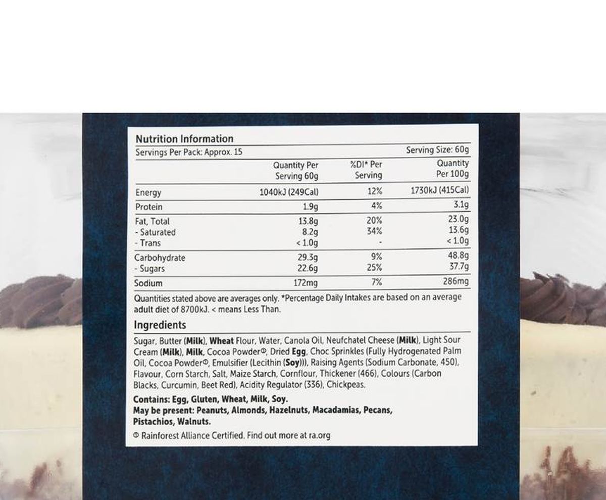 Pack photograph of Woolworths Patches The Puppy Cake 900g showing the printed nutrition panel