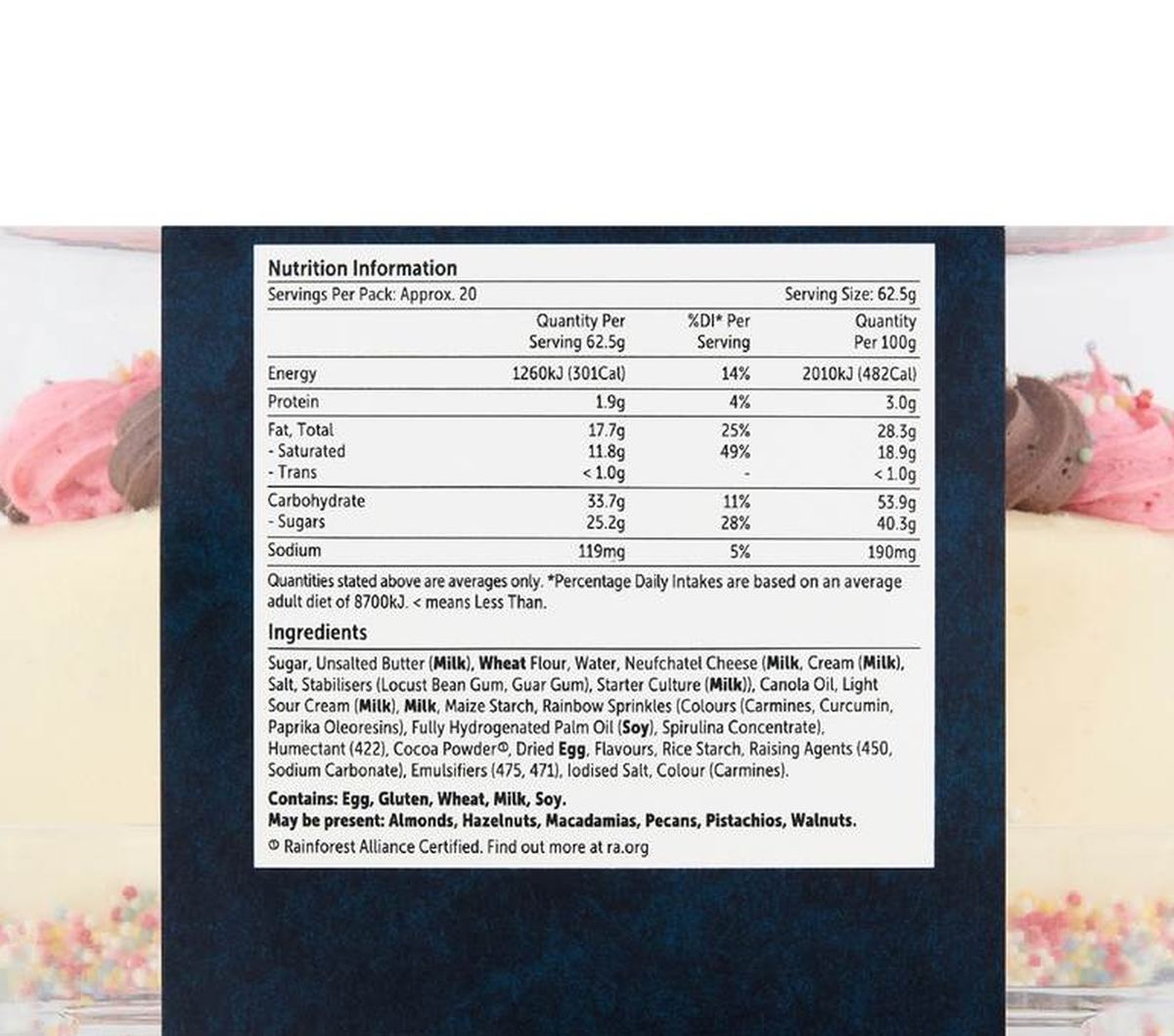 Pack photograph of Woolworths Neapolitan Cake 1.25kg showing the printed nutrition panel