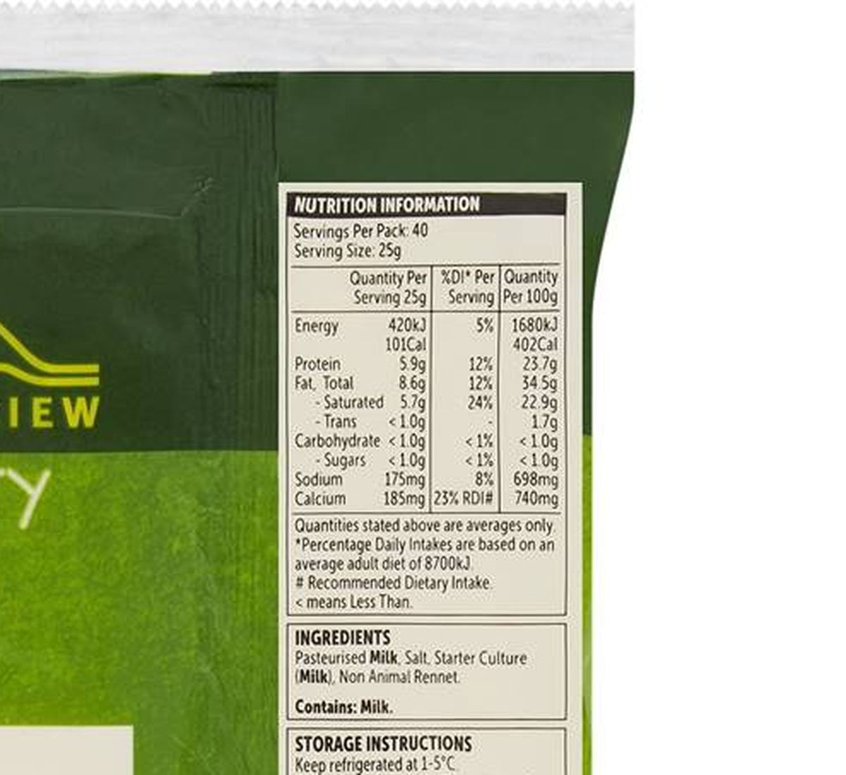Pack photograph of Hillview Cheese Block 1kg showing the printed nutrition panel