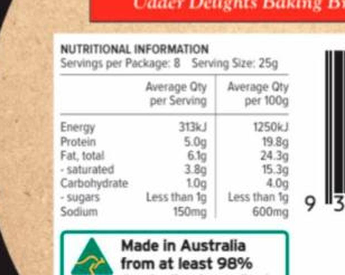 Pack photograph of Udder Delights Baking Brie showing the printed nutrition panel