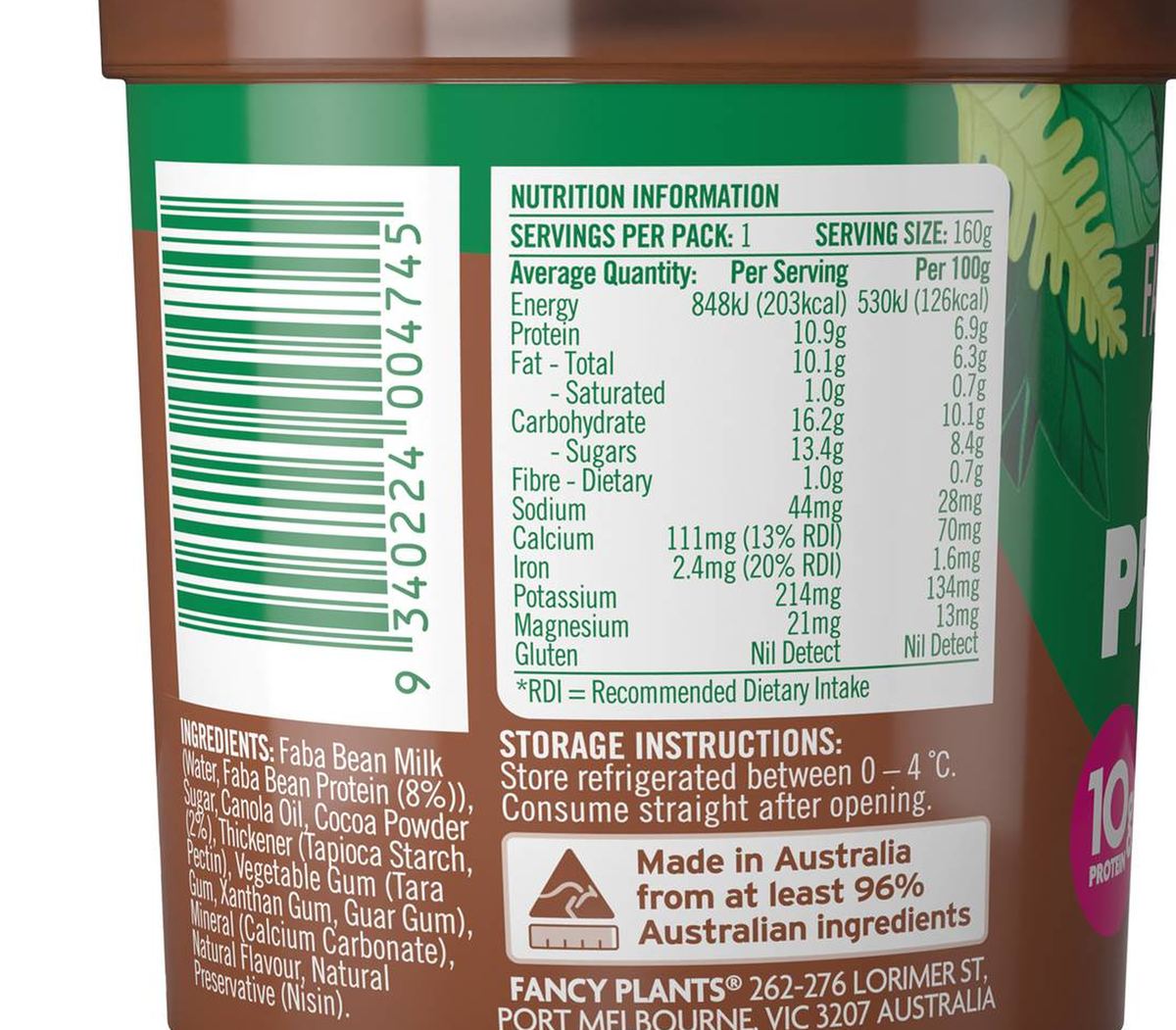 Pack photograph of Fancy Plants Chocolate Protein Pud Pudding 160g showing the printed nutrition panel