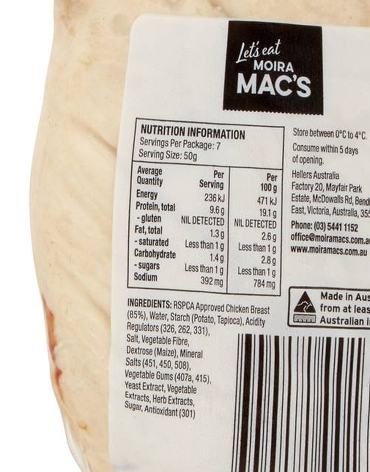 Pack photograph of Moira Mac's Classic Roasted Chicken Breast 350g showing the printed nutrition panel