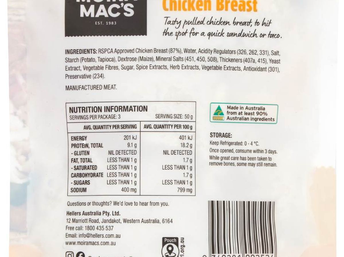 Pack photograph of Moira Mac's Pulled Chicken Breast 150g showing the printed nutrition panel