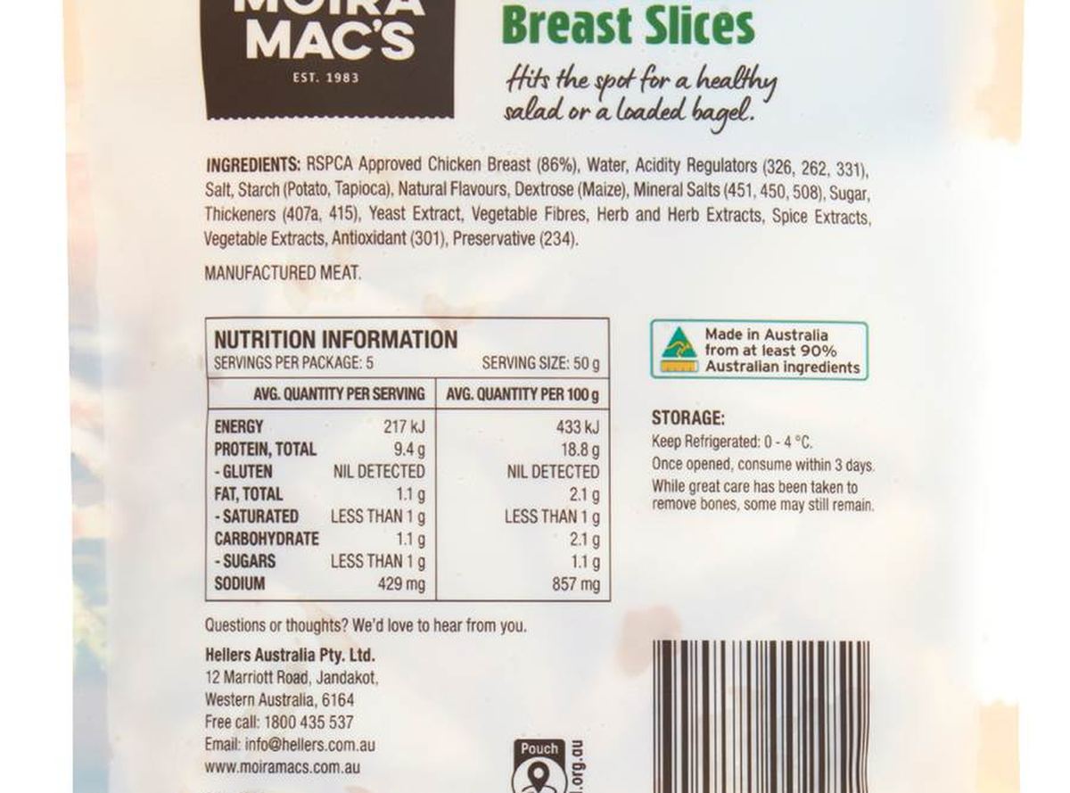 Pack photograph of Moira Mac's Roast Chicken Breast Slices 250g showing the printed nutrition panel
