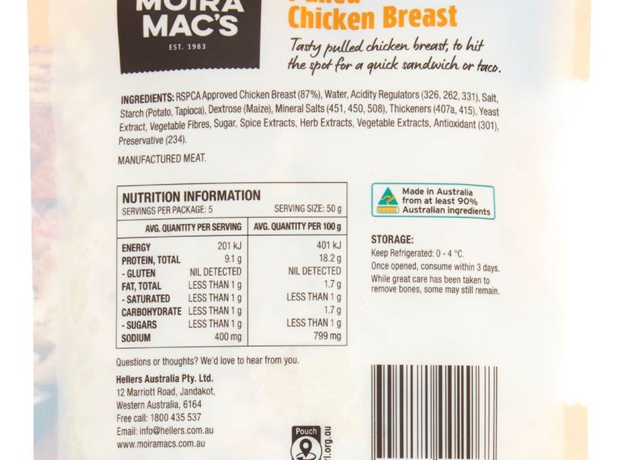 Pack photograph of Moira Mac's Pulled Chicken Breast 250g showing the printed nutrition panel