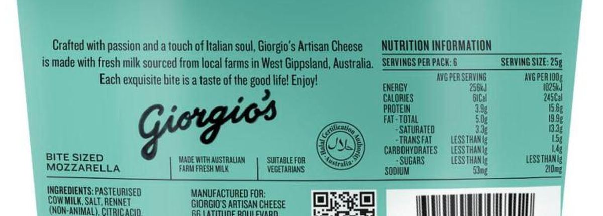 Pack photograph of Giorgio's Artisan Cheese Bocconcini showing the printed nutrition panel