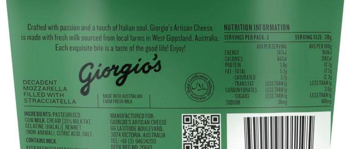 Pack photograph of Giorgio's Artisan Cheese Burrata showing the printed nutrition panel