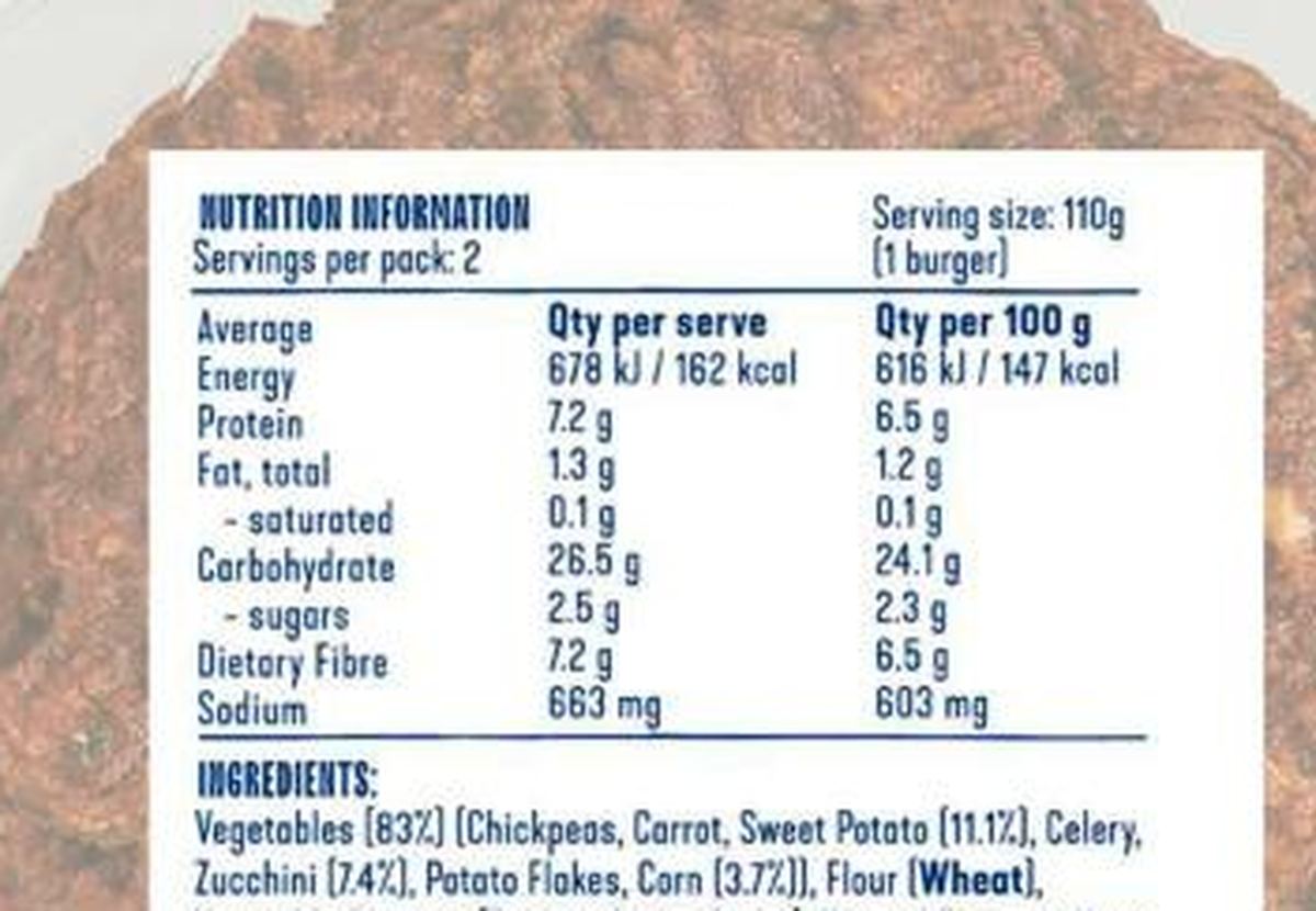 Pack photograph of Wildly Good Burgers Original Veggie showing the printed nutrition panel