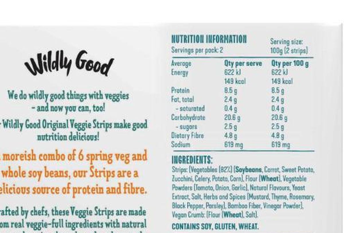 Pack photograph of Wildly Good Original Veggie Strips showing the printed nutrition panel