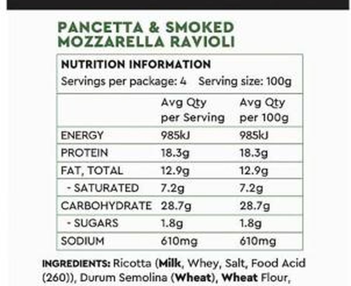 Pack photograph of Pasta Italia Pancetta & Smoked Mozzarella Ravioli showing the printed nutrition panel