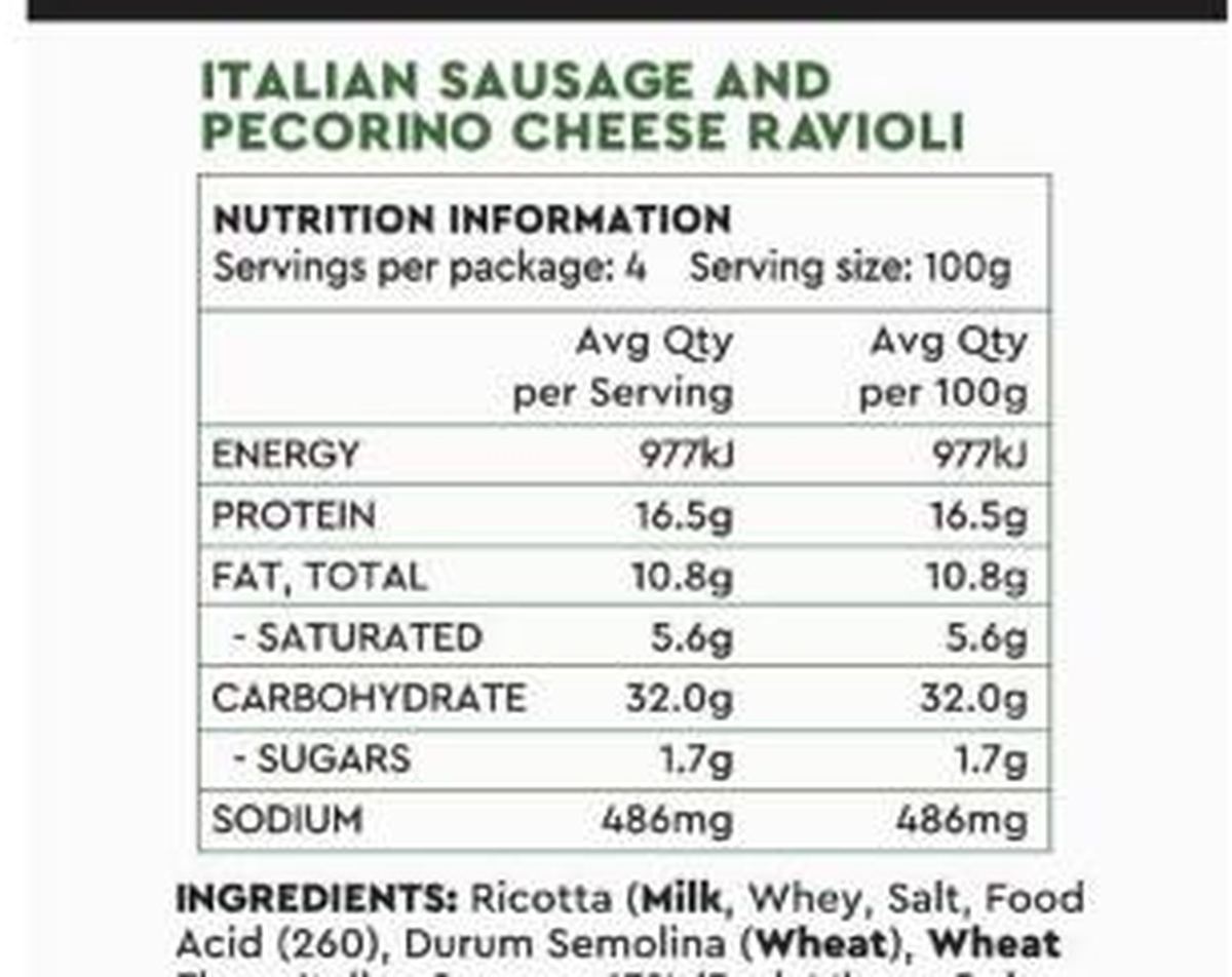 Pack photograph of Pasta Italia Italian Sausage & Pecorino Ravioli showing the printed nutrition panel