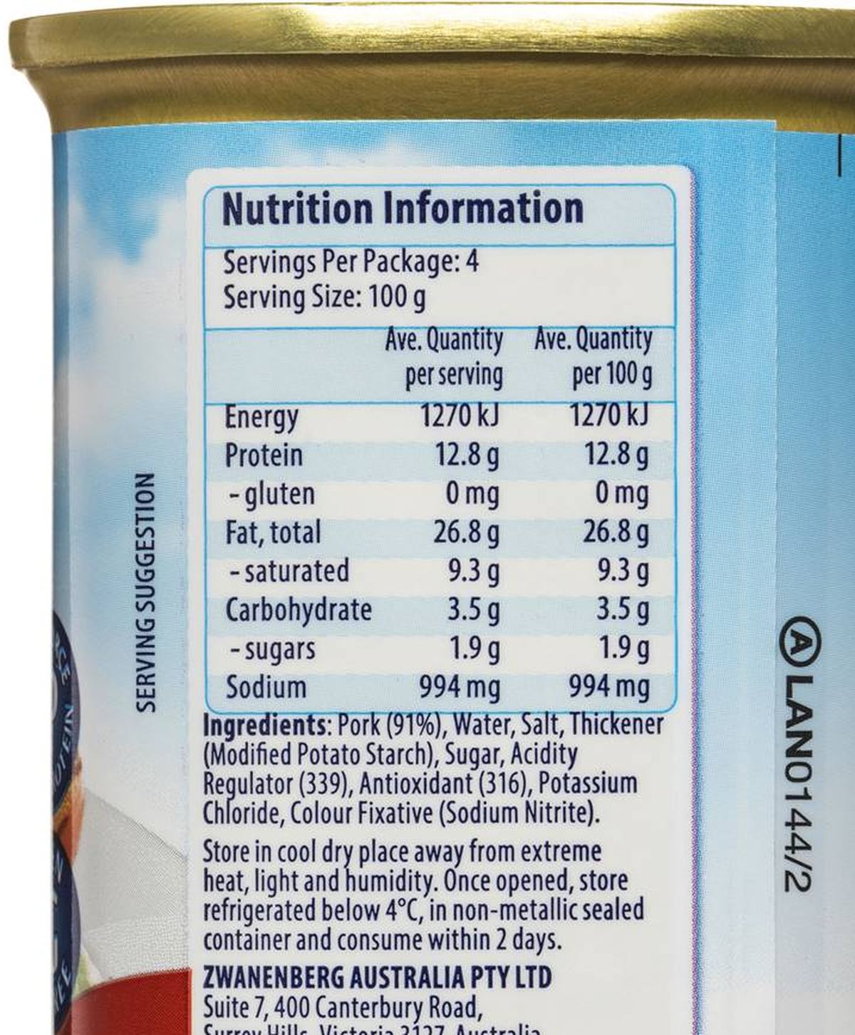 Pack photograph of Plumrose Ham Spiced 340g showing the printed nutrition panel