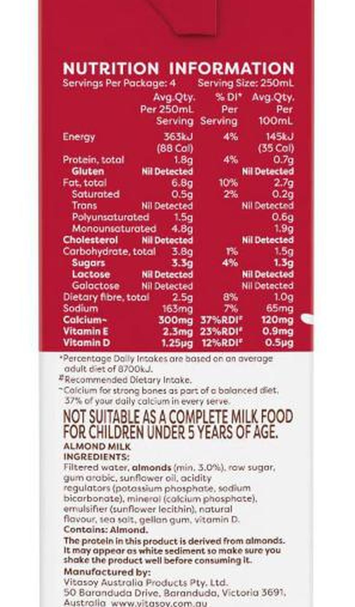 Pack photograph of Vitasoy Almond Milky Long Life Milk UHT 1L showing the printed nutrition panel
