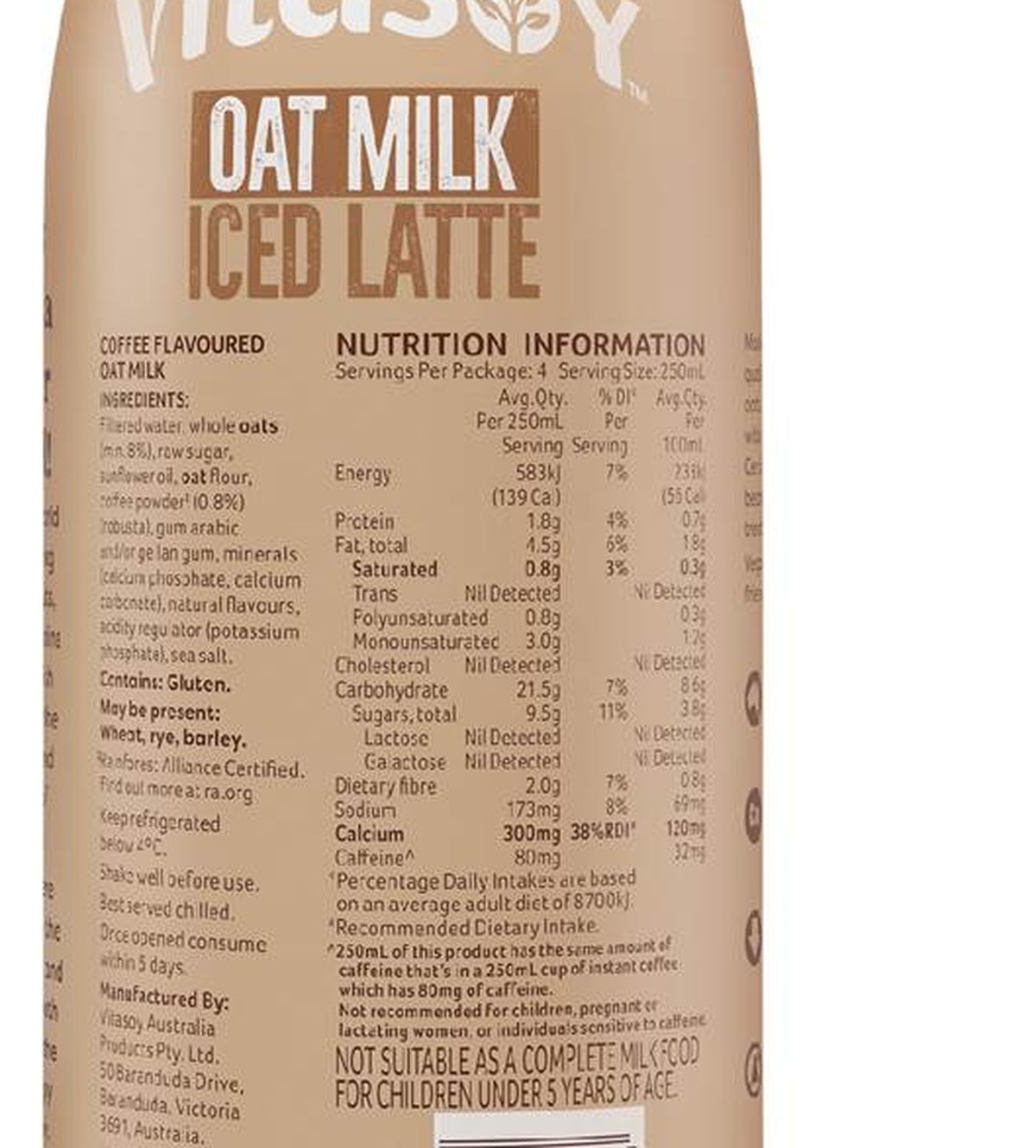 Pack photograph of Vitasoy Oat Milk Iced Latte 1L showing the printed nutrition panel