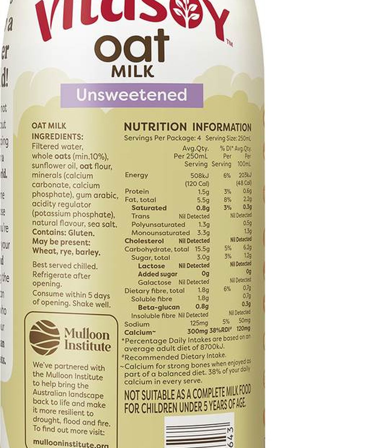 Pack photograph of Vitasoy Oat Milk Unsweetened 1L showing the printed nutrition panel