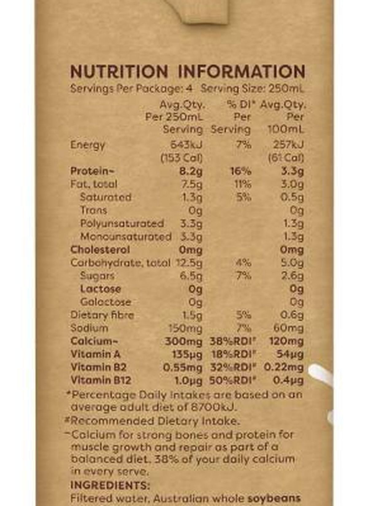 Pack photograph of Vitasoy Natural Creamy Long Life Soy Milk 1l showing the printed nutrition panel