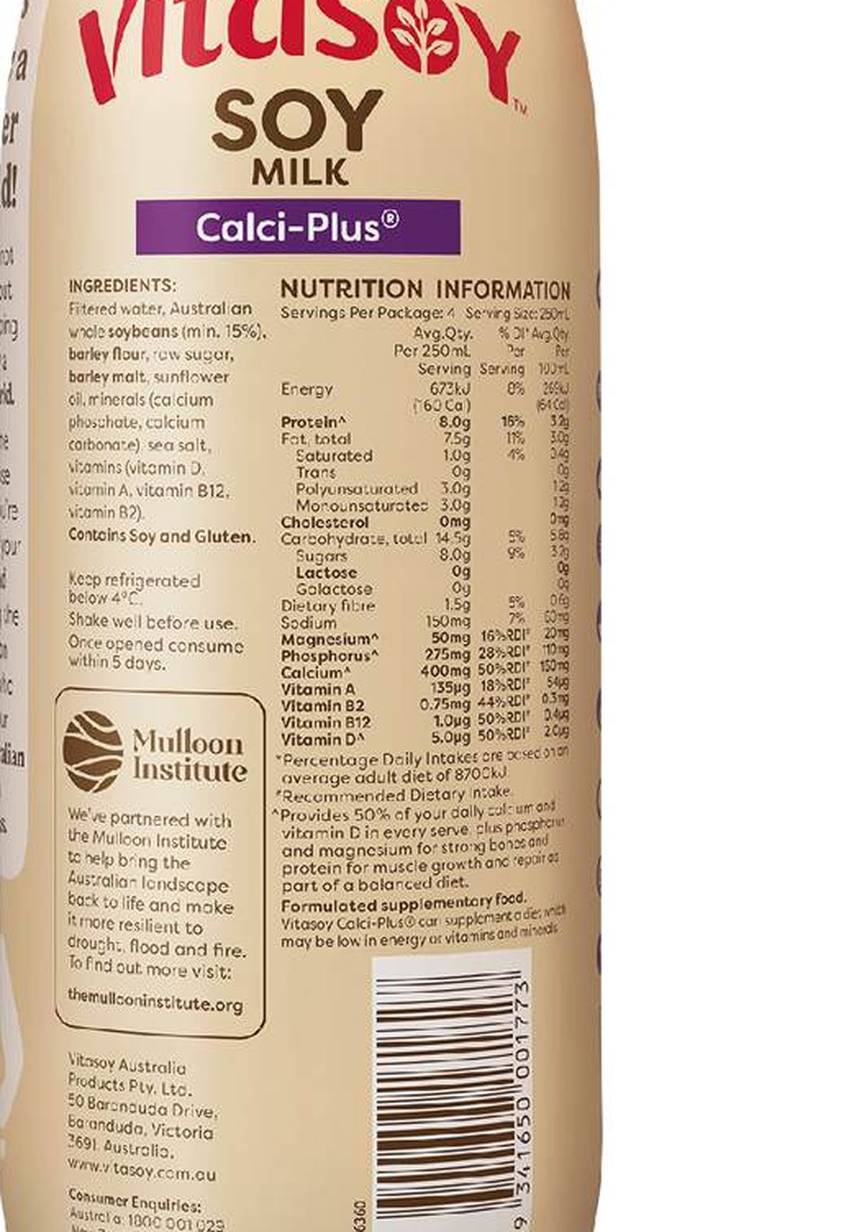 Pack photograph of Vitasoy Calci Plus Soy Milk 1L showing the printed nutrition panel