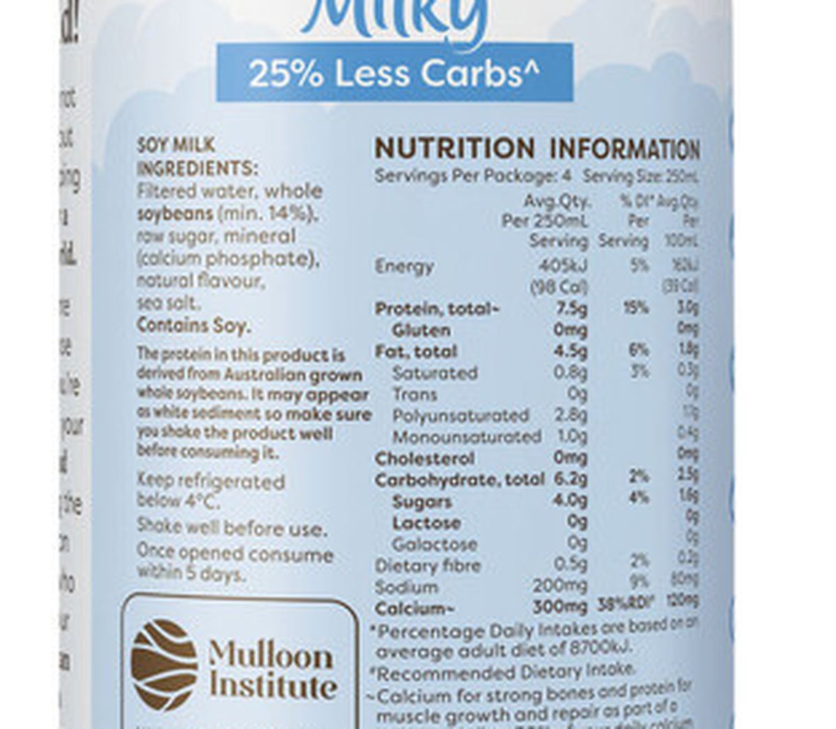 Pack photograph of Vitasoy Soy Milky Lite Soy Milk 1L showing the printed nutrition panel