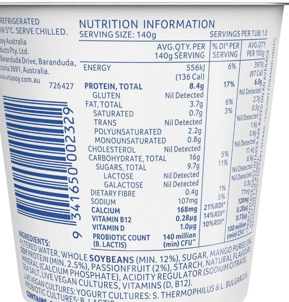 Pack photograph of Vitasoy Soy Yogurt Mango Passionfruit showing the printed nutrition panel