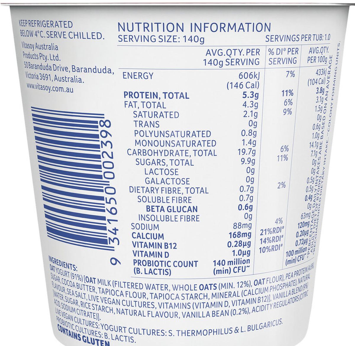 Pack photograph of Vitasoy Oat Yogurt Vanilla showing the printed nutrition panel