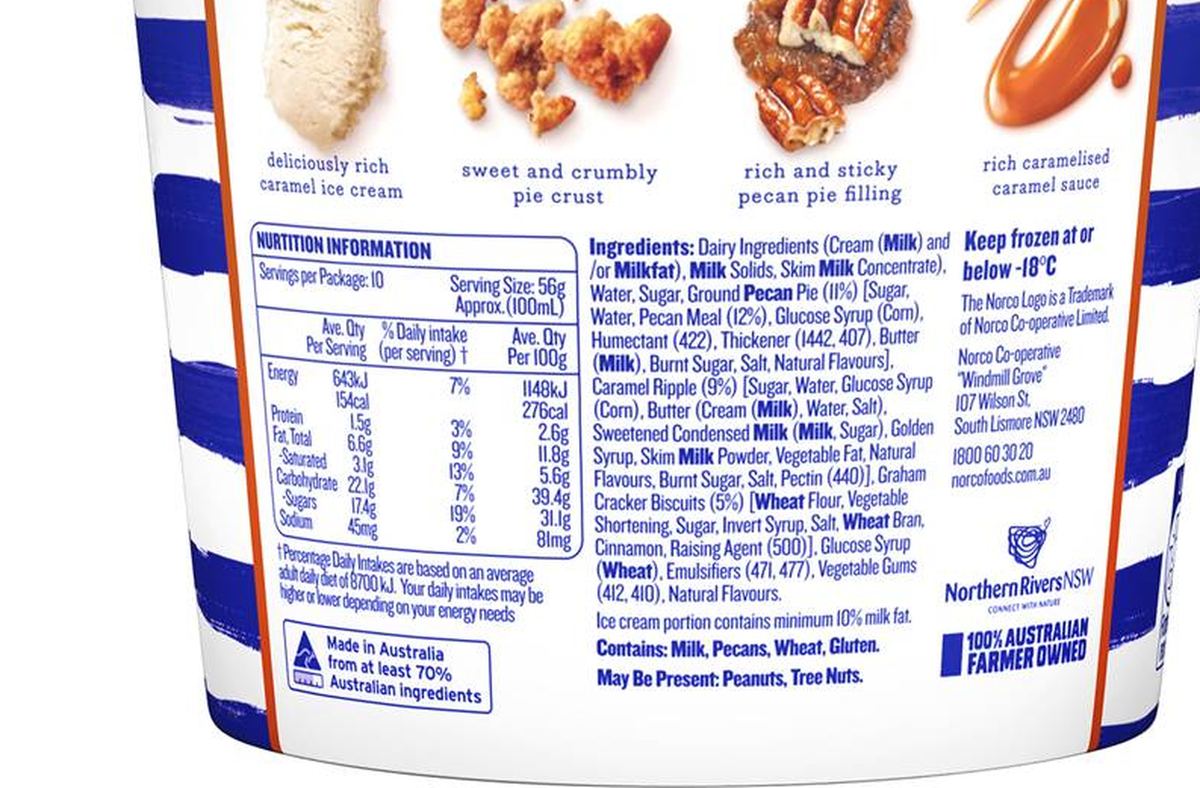 Pack photograph of Norco Cape Byron Ice Cream Tub Caramel Pecan Pie 1L showing the printed nutrition panel