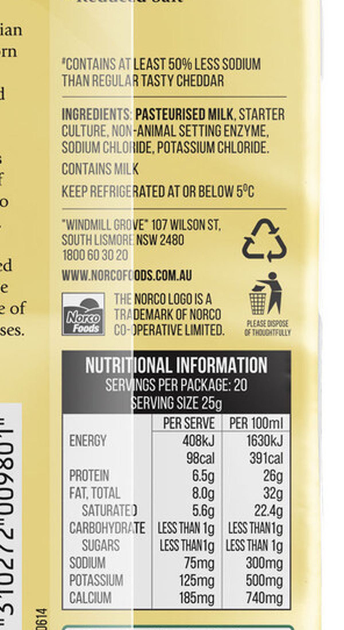 Pack photograph of Norco Natural Cheese Block showing the printed nutrition panel
