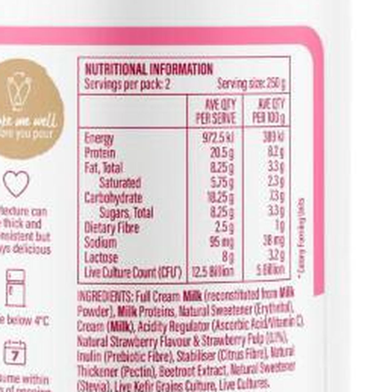 Pack photograph of Babushka High Protein Kefir Strawberry showing the printed nutrition panel