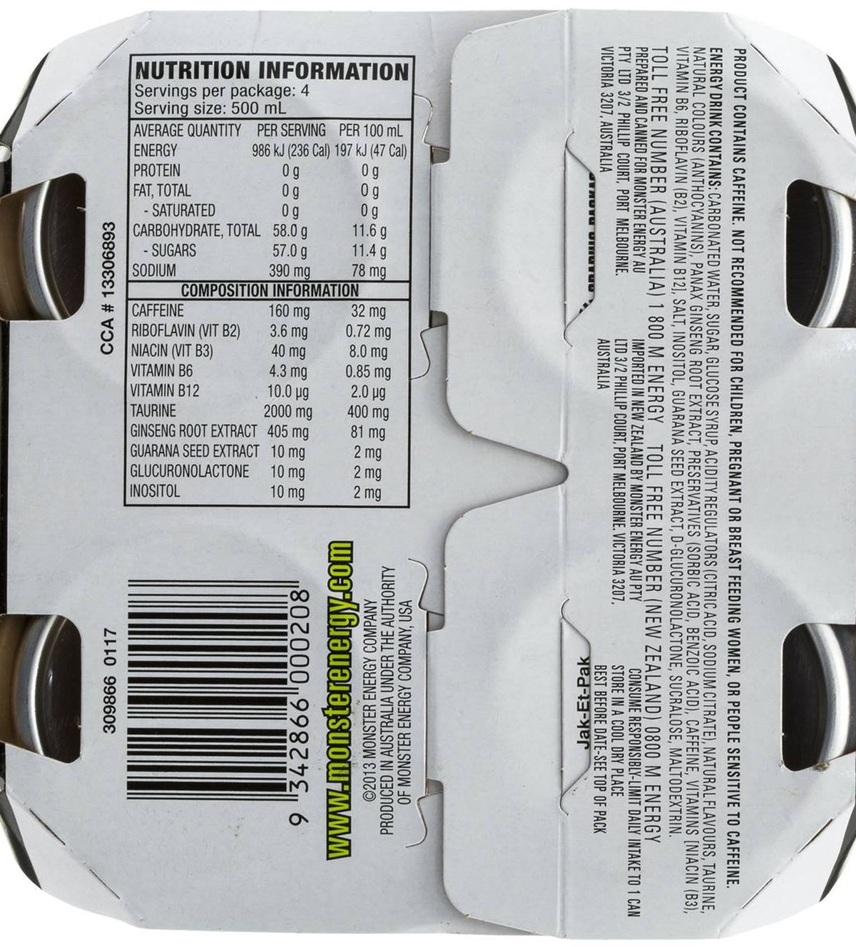 Pack photograph of Monster Energy Green Cans 500mL x 4 pack showing the printed nutrition panel