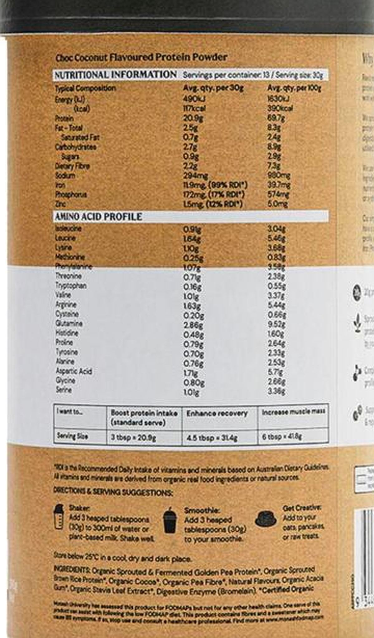 Pack photograph of Amazonia Isolate Chocolate Coconut Raw Protein Powder showing the printed nutrition panel