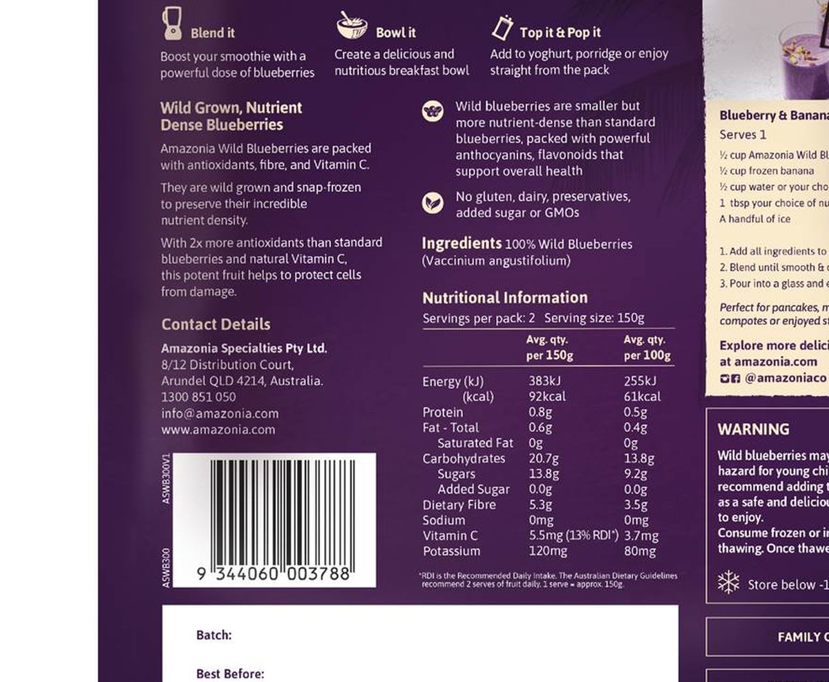 Pack photograph of Amazonia Frozen Wild Blueberries 300g showing the printed nutrition panel