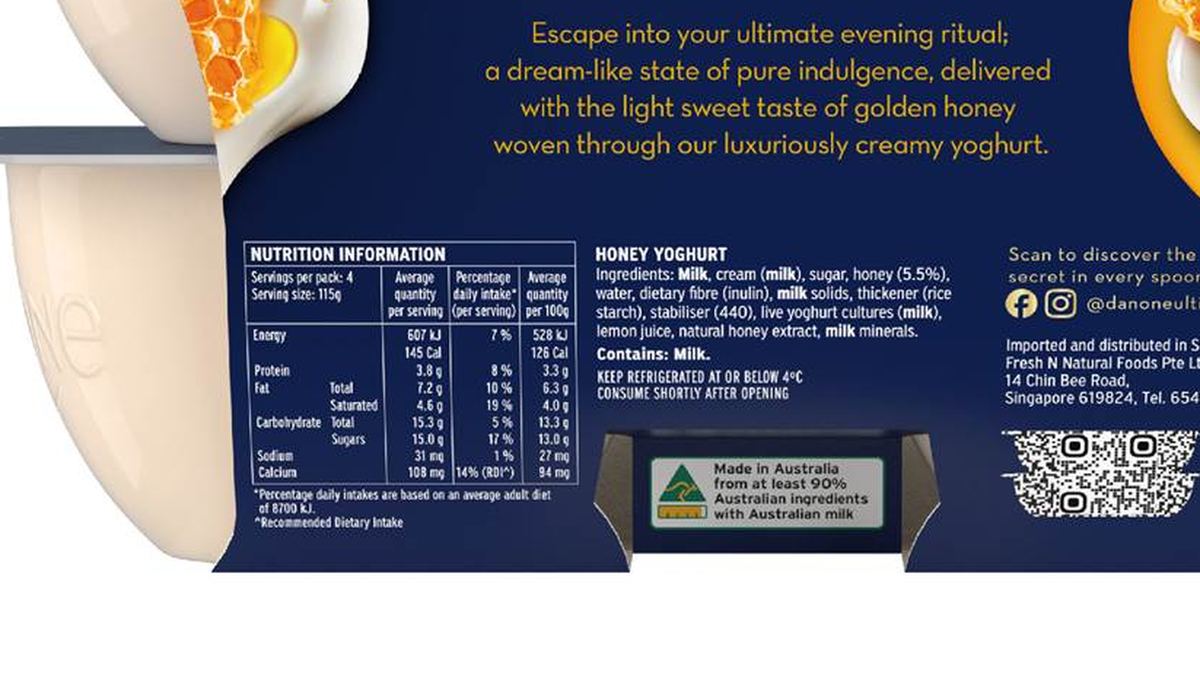 Pack photograph of Ultimate Yoghurt Golden Honey 115g x 4 pack showing the printed nutrition panel