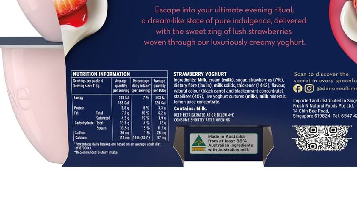 Pack photograph of Ultimate Yoghurt Juicy Strawberry 115g x 4 pack showing the printed nutrition panel