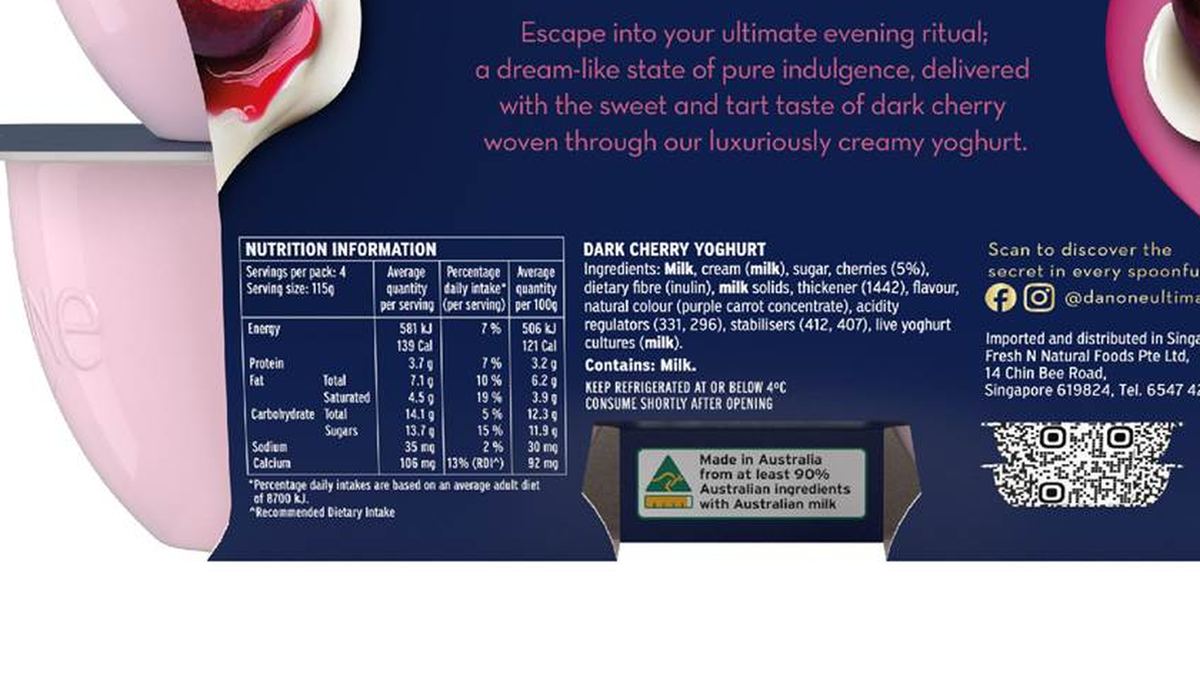 Pack photograph of Ultimate Yoghurt Black Cherry 115g x 4 pack showing the printed nutrition panel