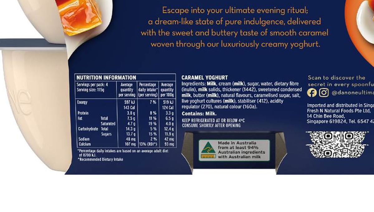 Pack photograph of Ultimate Yoghurt Smooth Caramel 115g x 4 pack showing the printed nutrition panel