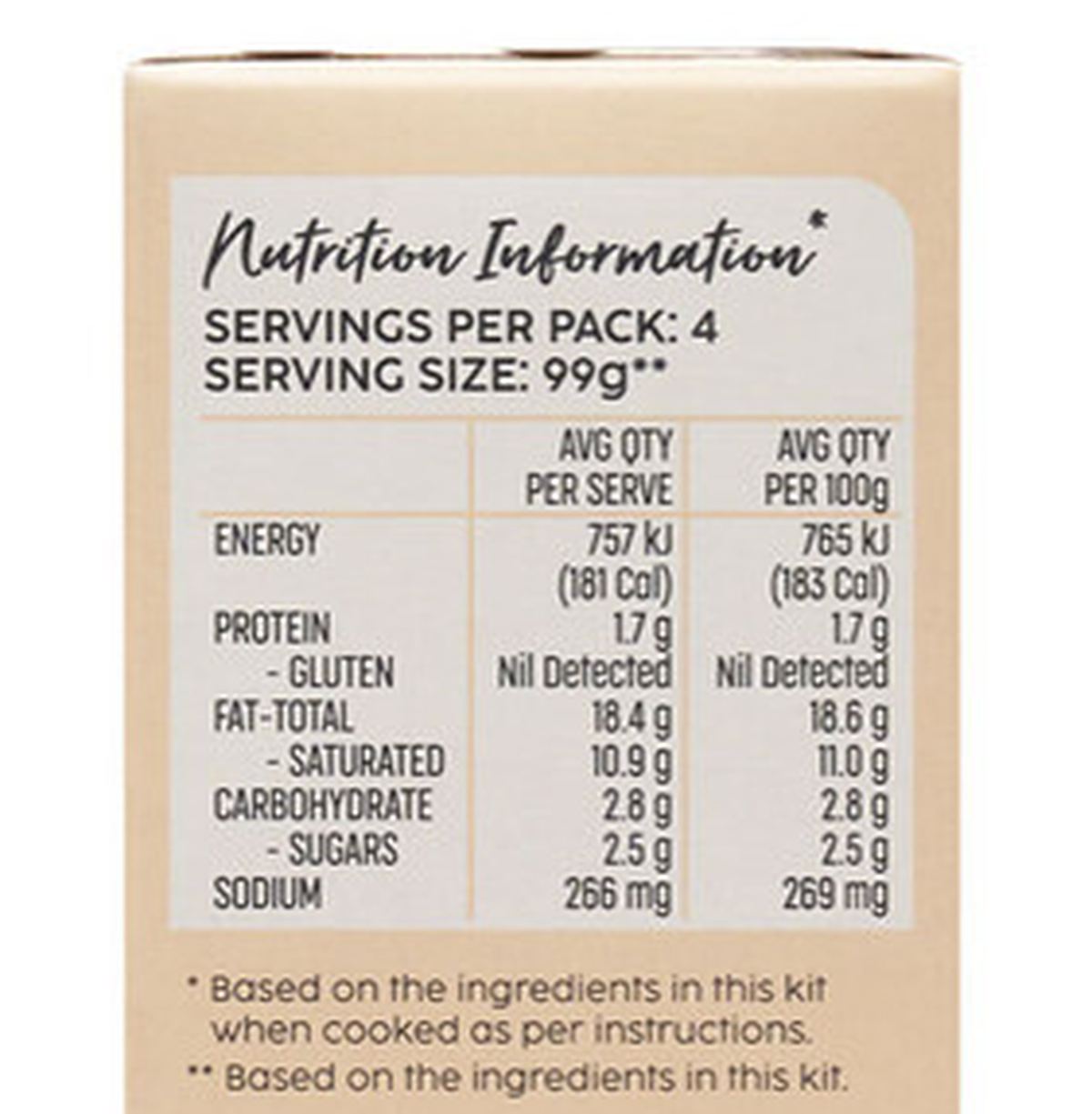 Pack photograph of Marion's Kitchen Thai Red Curry Meal Kit 394g showing the printed nutrition panel